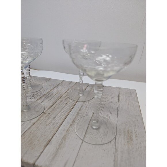 Set Of 4 Vintage Flower Etched Crystal Sherbet Champagne Glasses 5 7/8” Clear - Picture 2 of 8